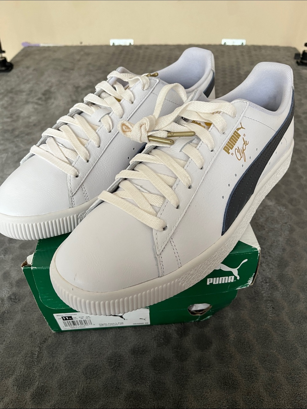 PUMA White-New Navy-Puma Team Gold Clyde Core L Foil Sneakers Shoes 11.5